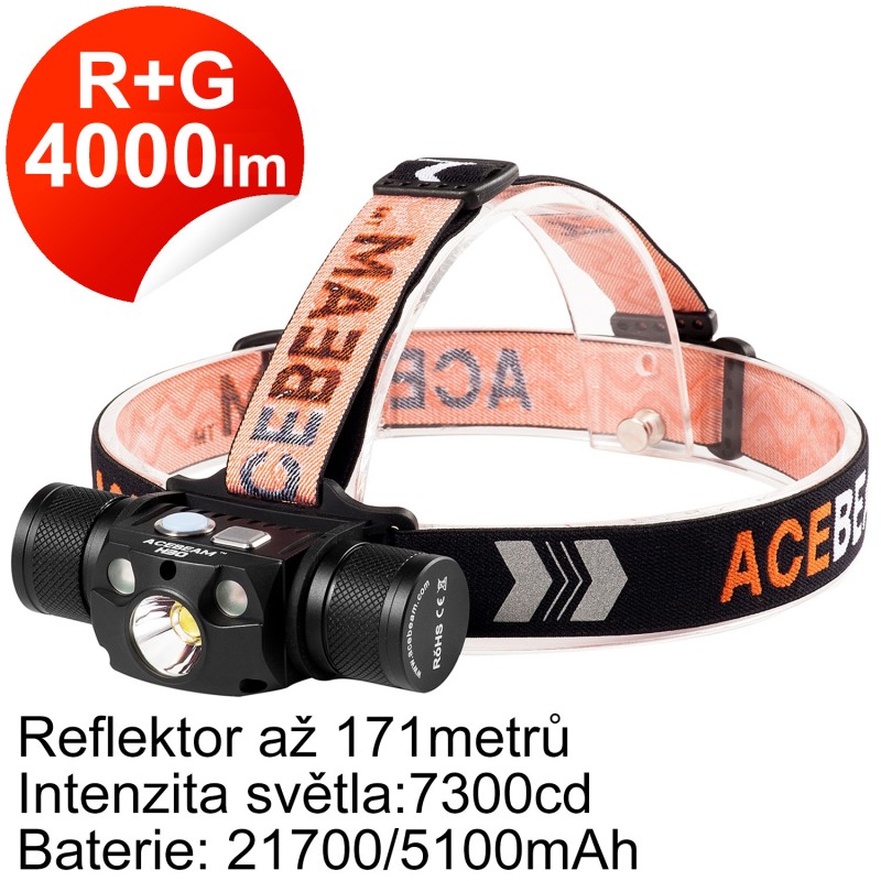 Čelovka AceBeam H30 R+G 4000 lm, červené a zelené světlo