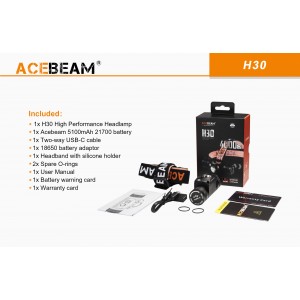 Čelovka AceBeam H30 R+UV 4000 lm, červené a UV bílé světlo