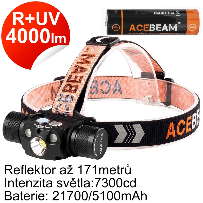 Čelovka AceBeam H30 R+UV 4000 lm, červené a UV bílé světlo